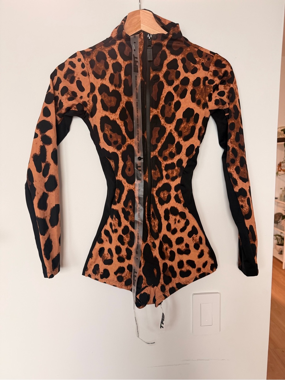 Leopard Print Long-Sleeve One-Piece Swimsuit - Brown/Black